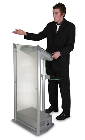 The Lectern Glass kiosk is an excellent presentation point kiosk. The units flexibility and fully open architecture make it a perfect solution for presentations and speeches, providing your speaker with many easy to access features